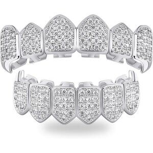 Vampire Teeth Grillz 18K Gold-Plated Iced Out CZ Fangs for Cosplay and Hip-Hop S